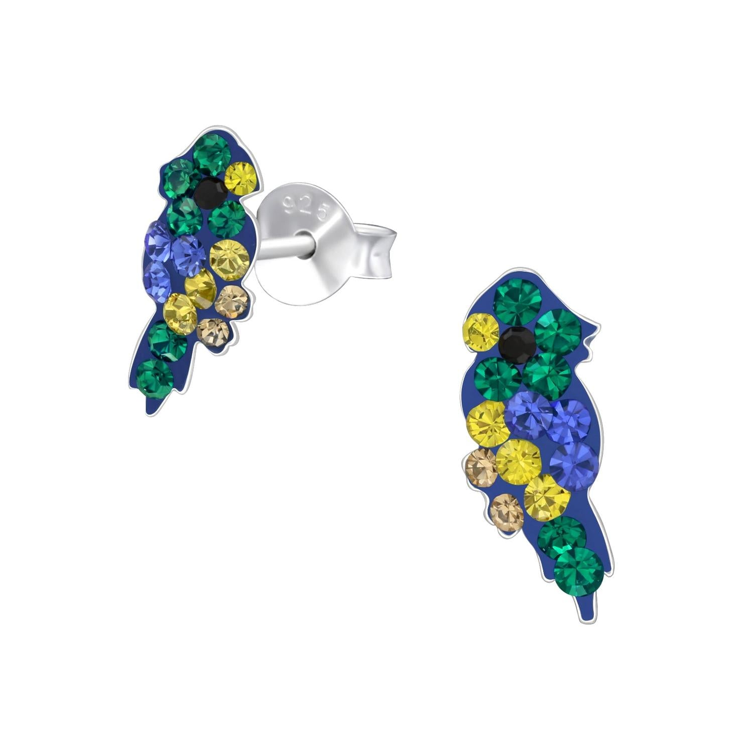 Melchior childrens crystal parrot earrings with green, blue, yellow and black crystals on silver studs