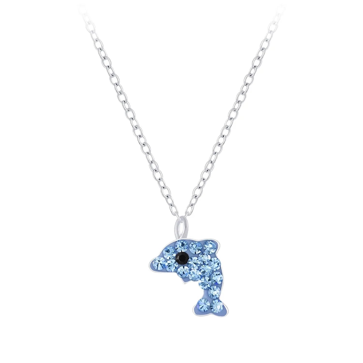 Silver childrens dolphin necklace with blue crystal stones and black eye by Melchior Jewellery
