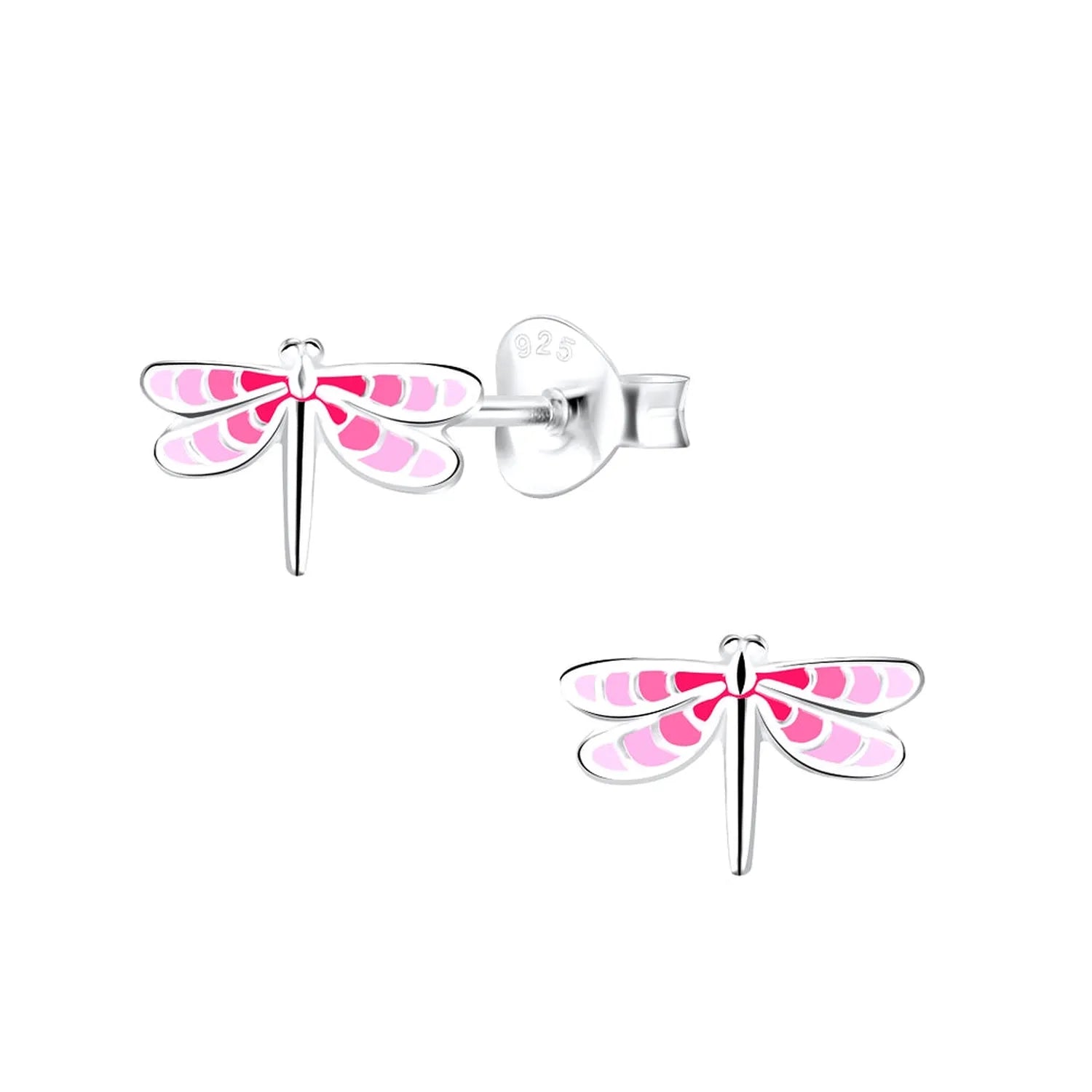 Melchior Jewellery childrens dragonfly earrings in sterling silver with pink and red enamel wings