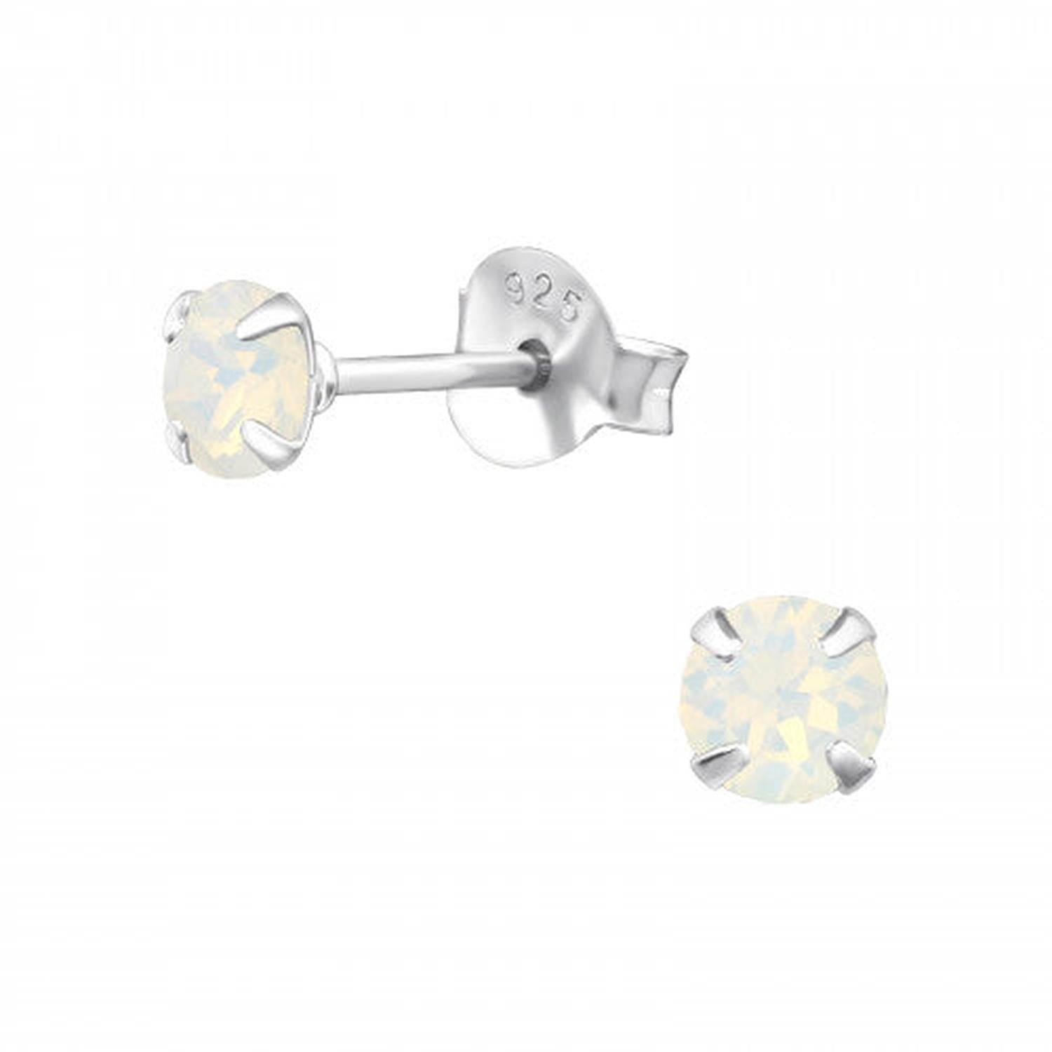 Childrens opal stud earrings by Melchior Jewellery featuring round white opal stones set in sterling silver