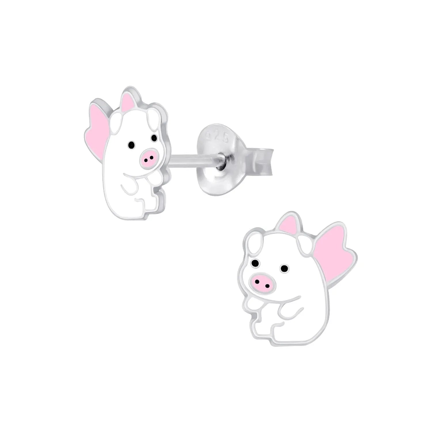 Melchior Jewellery Childrens Pig Stud Earrings in silver with white and pink enamel detailing