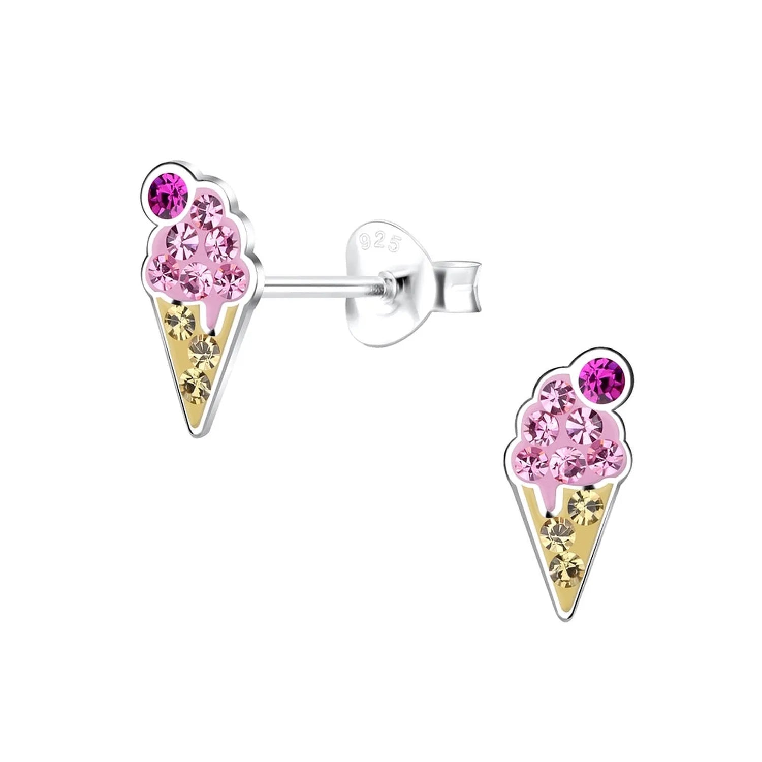 Melchior Jewellery childrens pink ice cream earrings with pink and purple crystals on a gold cone design