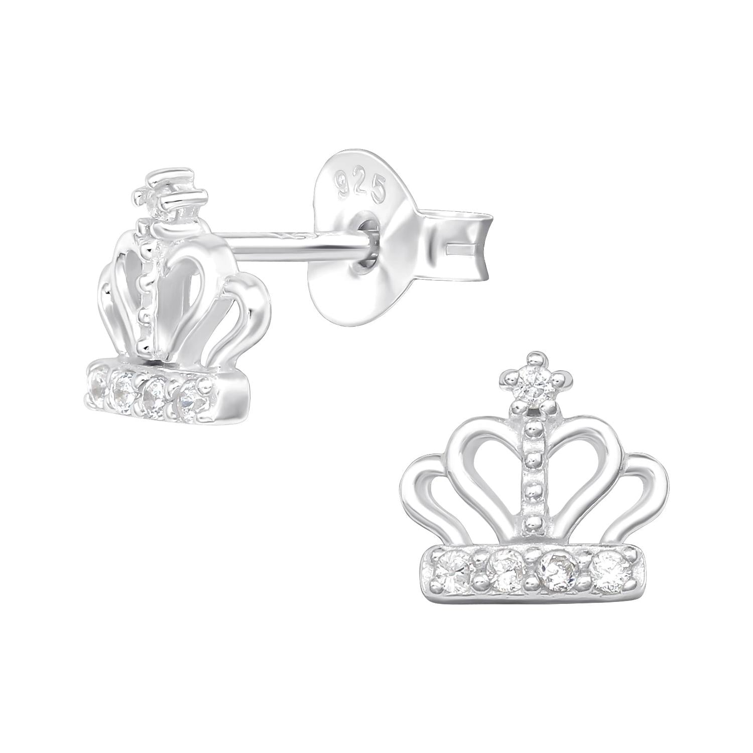 Silver childrens princess crown earrings with sparkling clear crystals by Melchior Jewellery