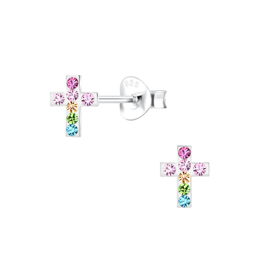 Melchior Jewellery children's rainbow crystal cross earrings sterling silver studs for pierced ears
