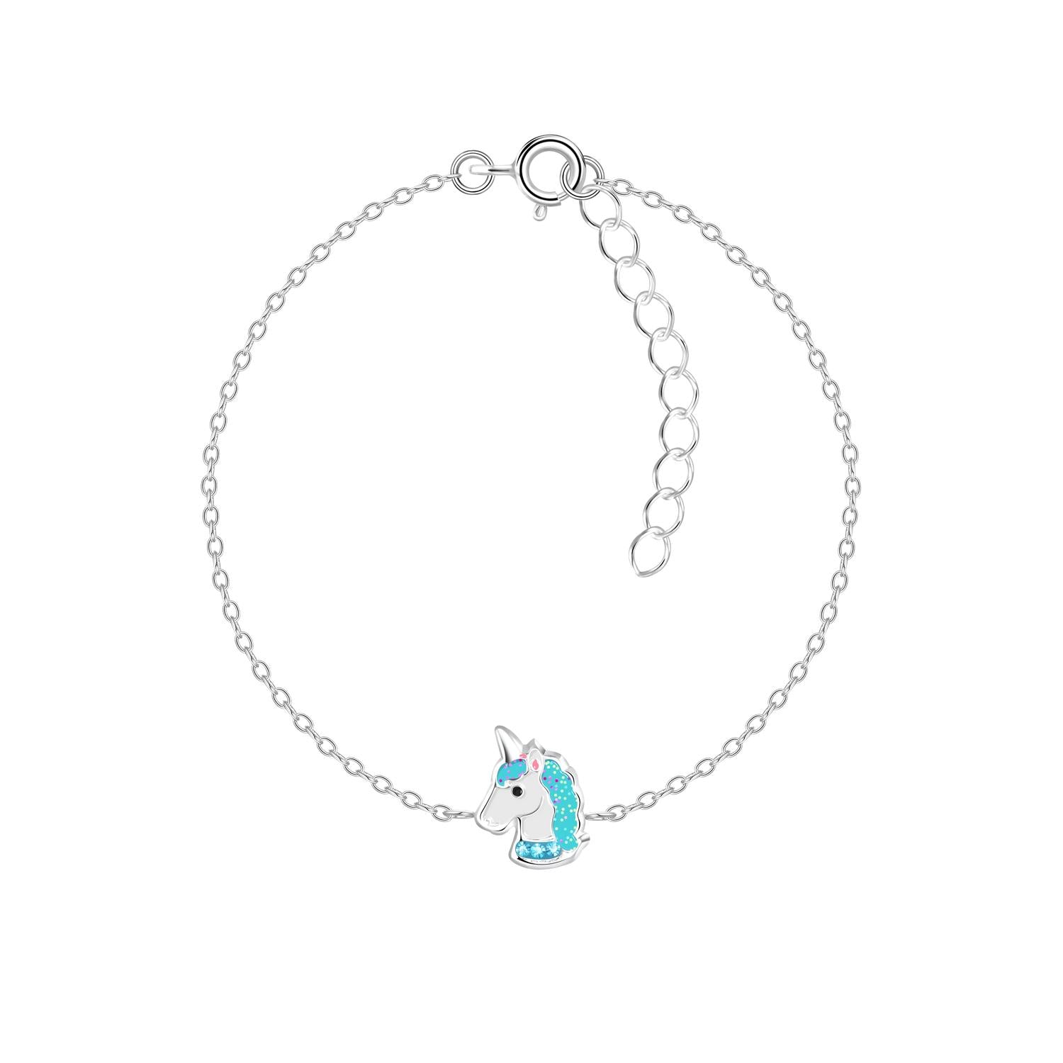 Childrens Silver Blue Unicorn Bracelet by Melchior Jewellery featuring a delicate silver chain with a blue glitter unicorn charm