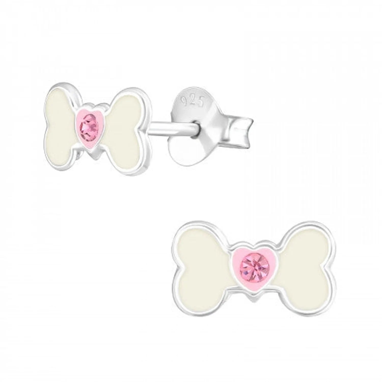 Childrens Silver Bone Stud Earrings by Melchior Jewellery with cream enamel and pink heart-shaped gemstone centre