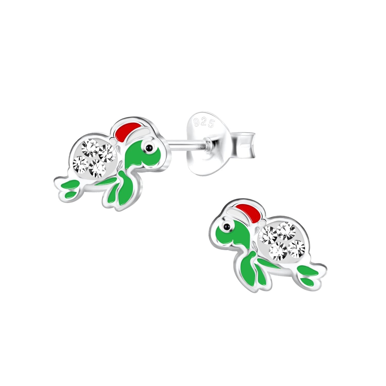 Childrens Silver CZ Turtle Stud Earrings with green and red enamel detailing by Melchior Jewellery