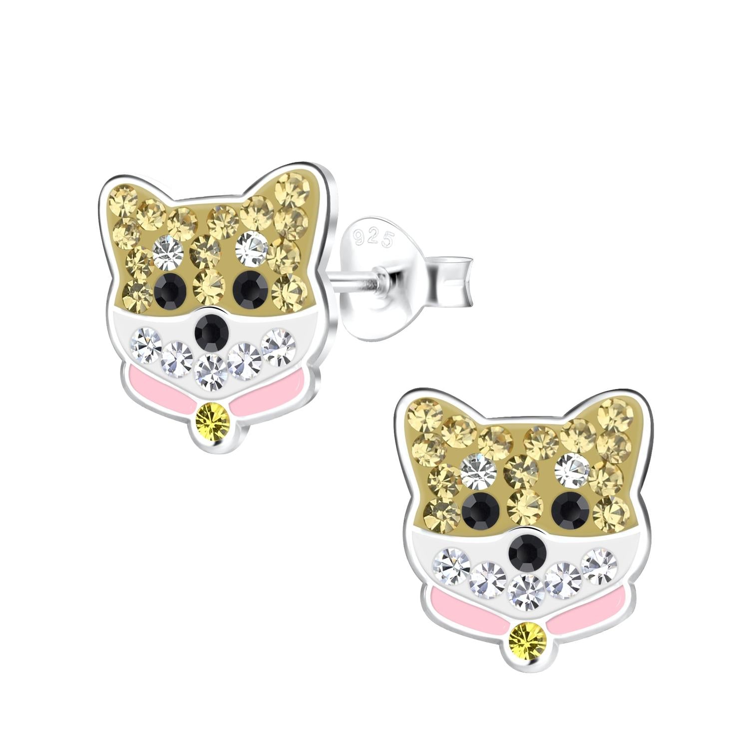 Childrens Silver Dog Stud Earrings by Melchior Jewellery featuring gold and clear crystals with black eyes and pink collar details