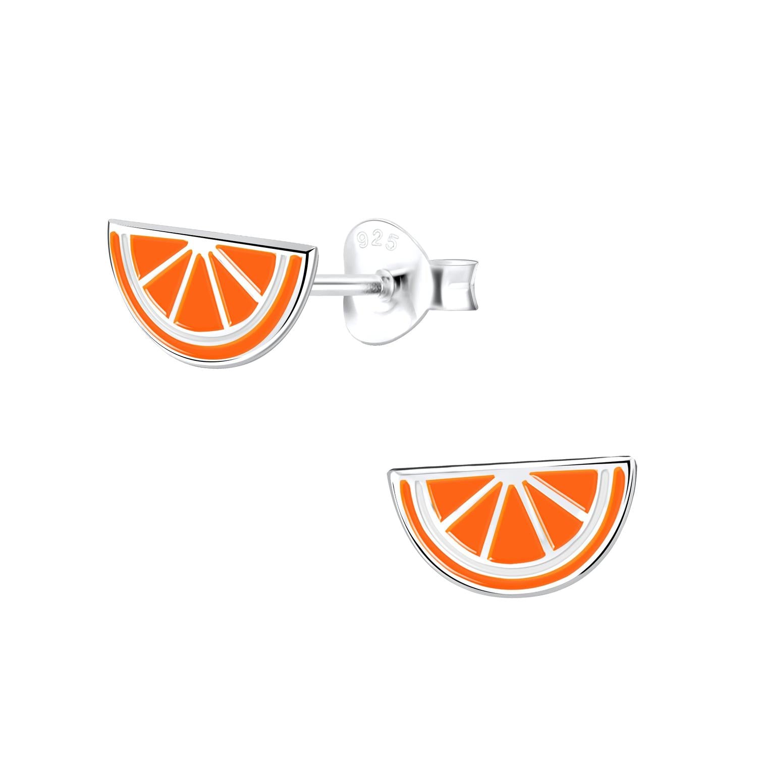 Melchior Jewellery Childrens Silver Orange Wedge Stud Earrings featuring bright orange enamel and polished silver detailing