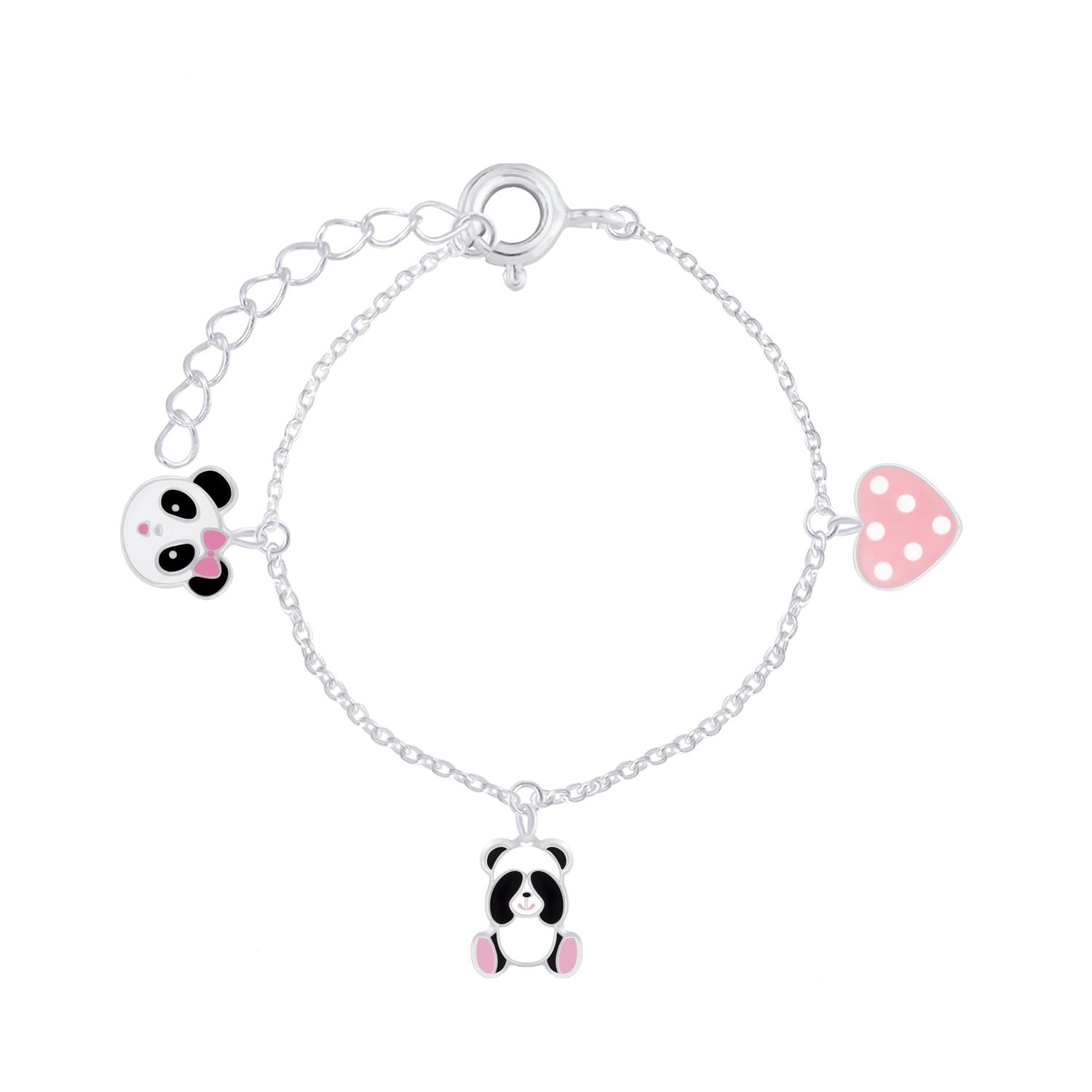 Childrens Silver Panda Bear Lovers Bracelet by Melchior Jewellery with pink polka dot heart and panda charms
