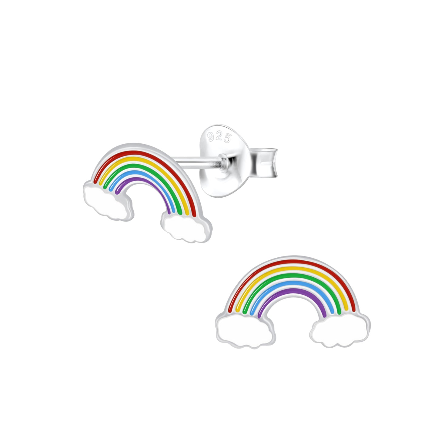 Children's silver rainbow stud earrings by Melchior Jewellery with colourful enamel and cloud design