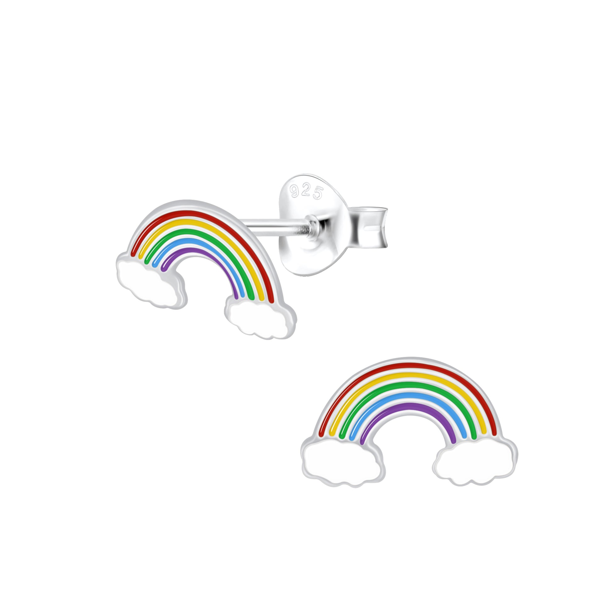 Children's silver rainbow stud earrings by Melchior Jewellery with colourful enamel and cloud design