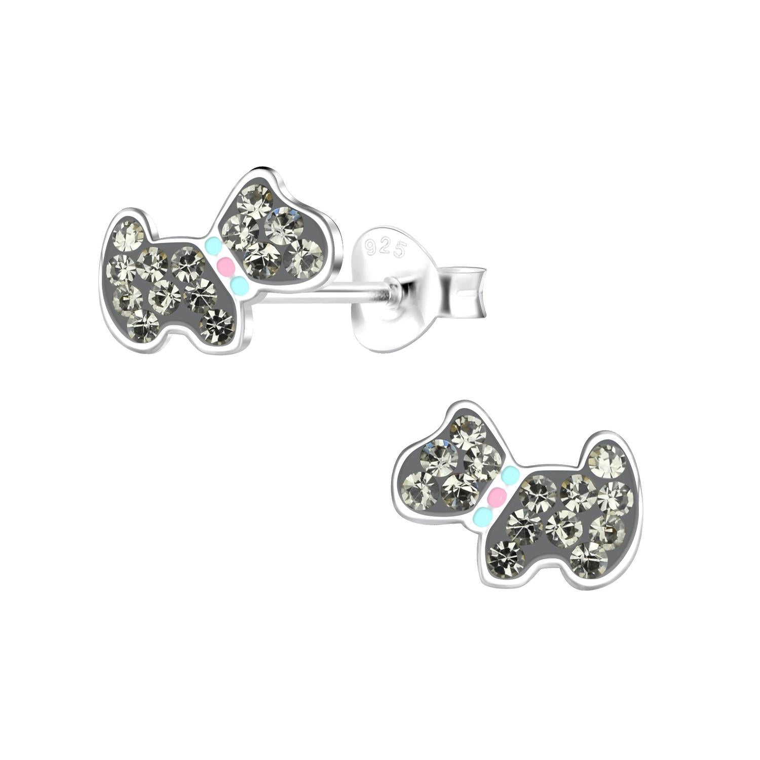 Childrens Silver Scottie Dog Stud Earrings with sparkling clear stones and pastel blue and pink collar accents