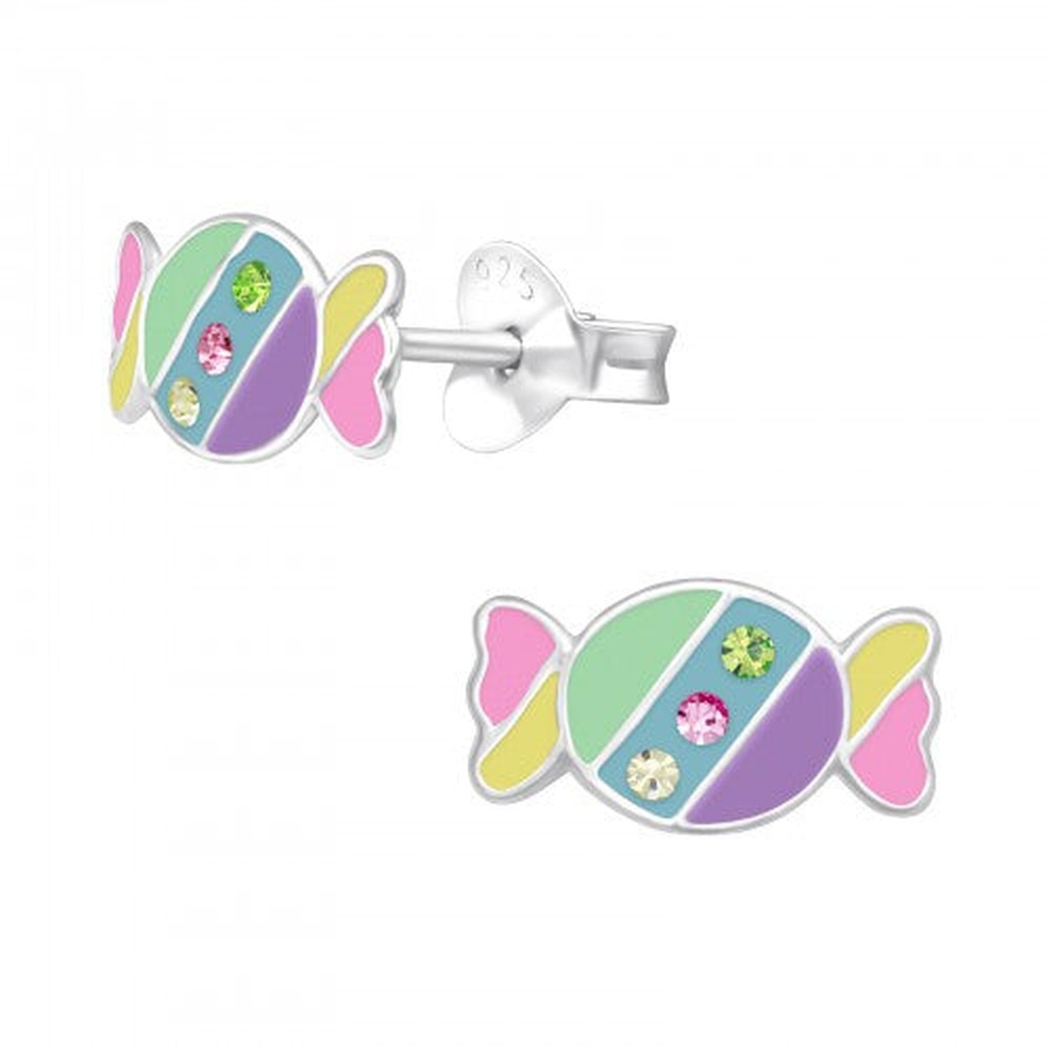 Childrens Silver Sweetie Stud Earring shaped like colourful candy with pink, green, yellow and purple enamel and three gem stones