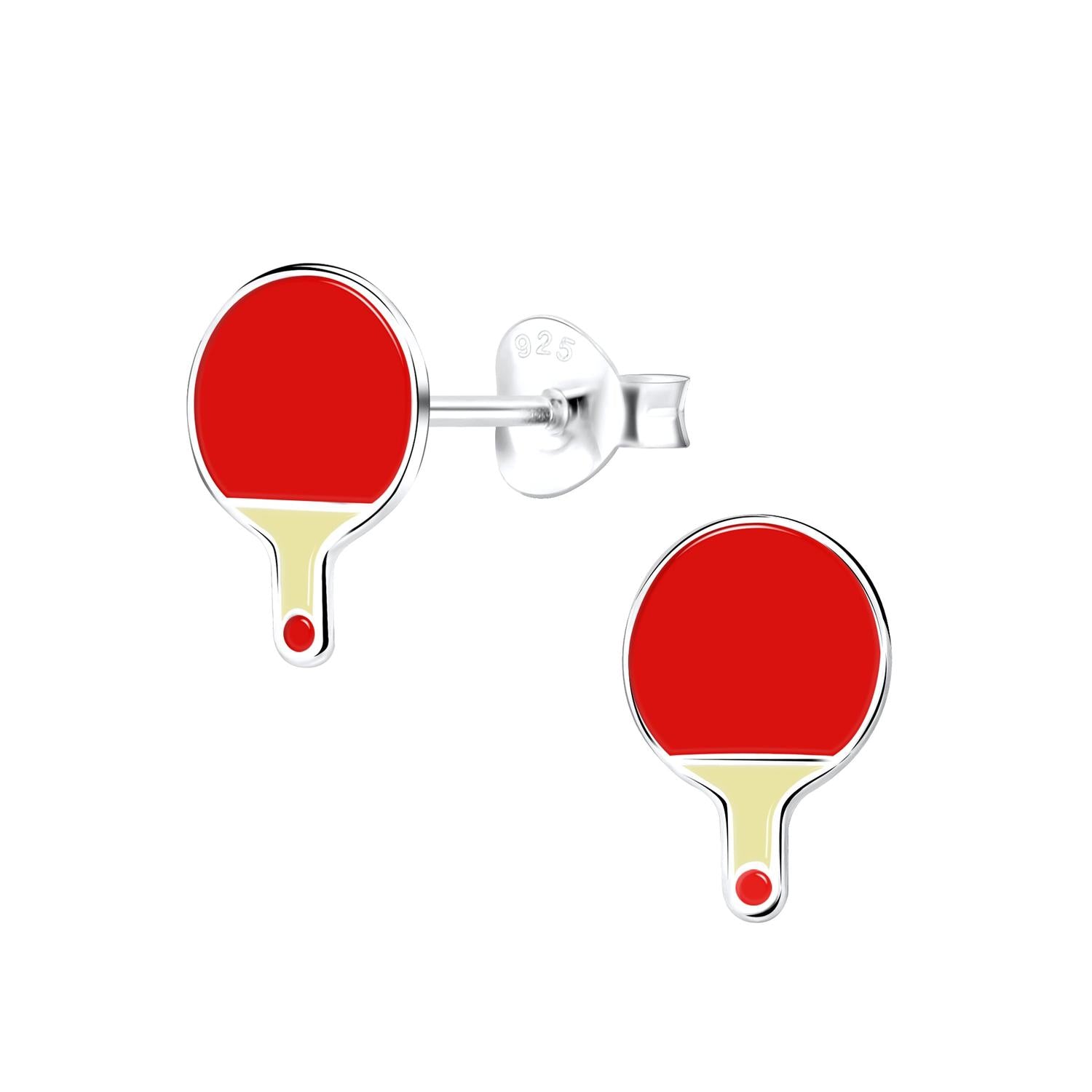 Childrens Silver Table Tennis Stud Earrings by Melchior Jewellery featuring red and yellow paddle design in sterling silver