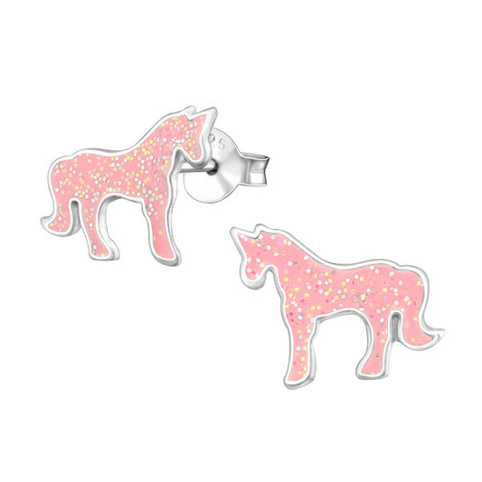 Melchior Jewellery children's silver unicorn earrings pink glitter enamel sterling silver studs hypoallergenic posts ideal gift