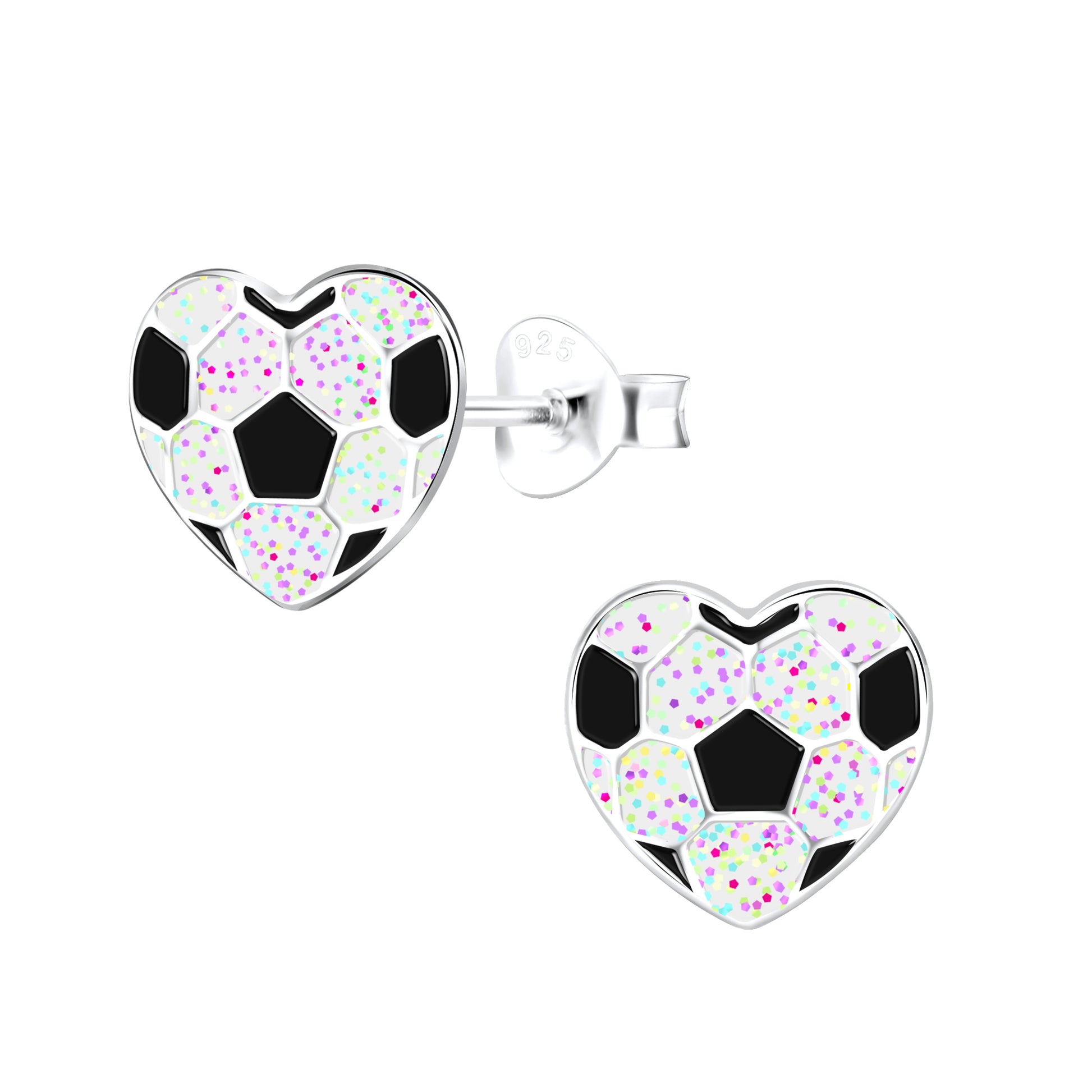 Melchior Jewellery children's soccer heart earrings in silver with colourful sparkles
