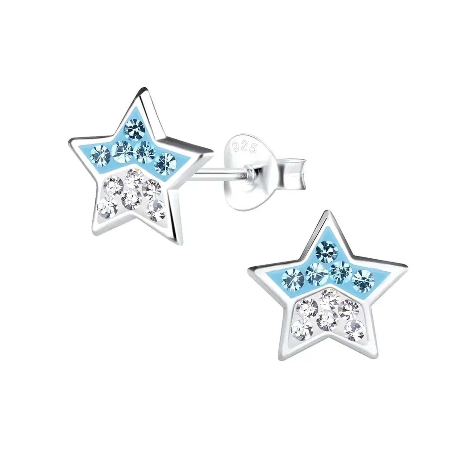 Melchior Jewellery childrens star stud earrings in silver with blue and clear crystals set in star shape