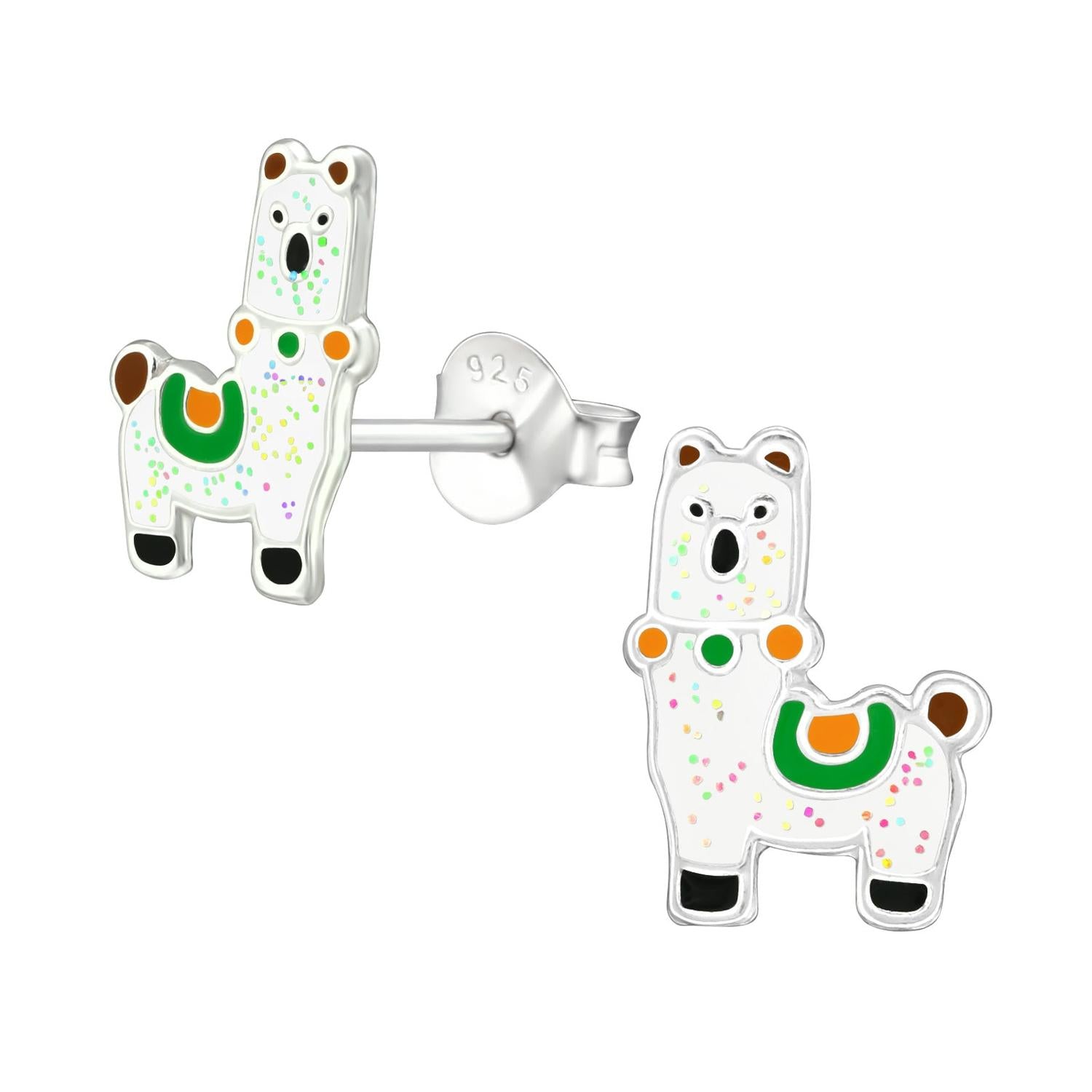 Childrens Sterling Silver Alpaca Stud Earrings by Melchior Jewellery with white enamel and colourful green and orange details