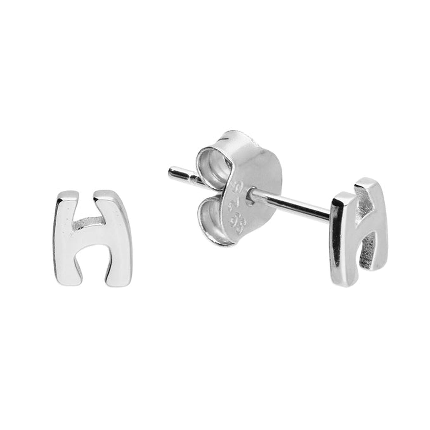 Childrens Sterling Silver Alphabet Letter Stud Earrings in shiny silver featuring the letter H by Melchior Jewellery