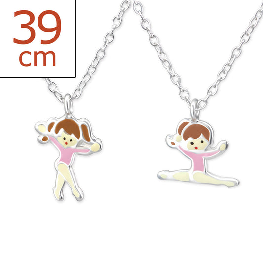 Melchior Jewellery children's sterling silver ballerina necklace two pink enamel charms on 39 cm chains showing two dancing poses