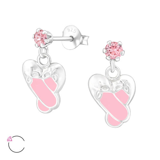 Melchior Jewellery children's sterling silver ballet earrings pink crystal stud with enamel ballet slipper drops