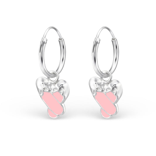 Melchior Jewellery children's sterling silver ballet shoe earrings with pink enamel hoop drops