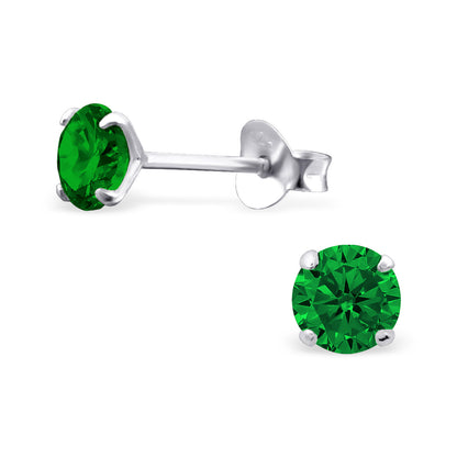 Melchior Jewellery children's sterling silver birthstone earrings green round stone four prong studs