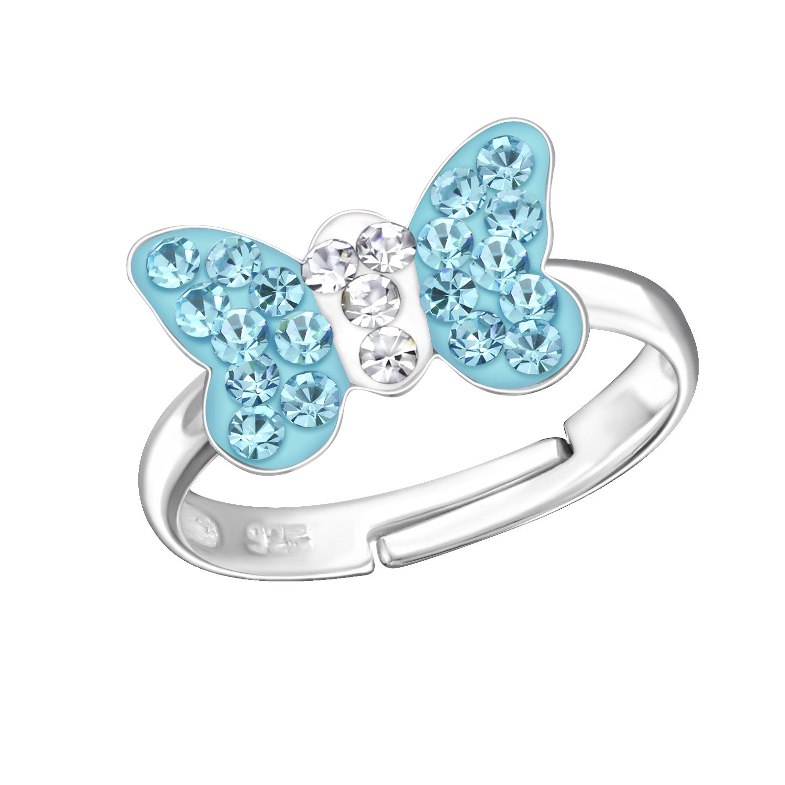 Melchior Jewellery children's sterling silver butterfly ring with blue crystals on adjustable band