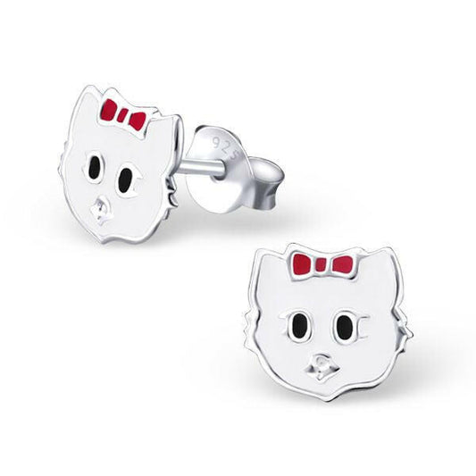 Melchior Jewellery children's sterling silver cat earrings with red bow detail for kids