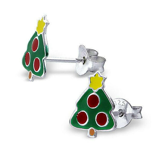 Melchior Jewellery children's sterling silver christmas tree earrings green enamel red bauble studs for kids