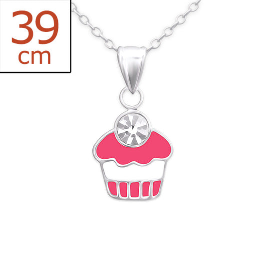 Melchior Jewellery children's sterling silver cupcake necklace with pink enamel, crystal and 39 cm chain