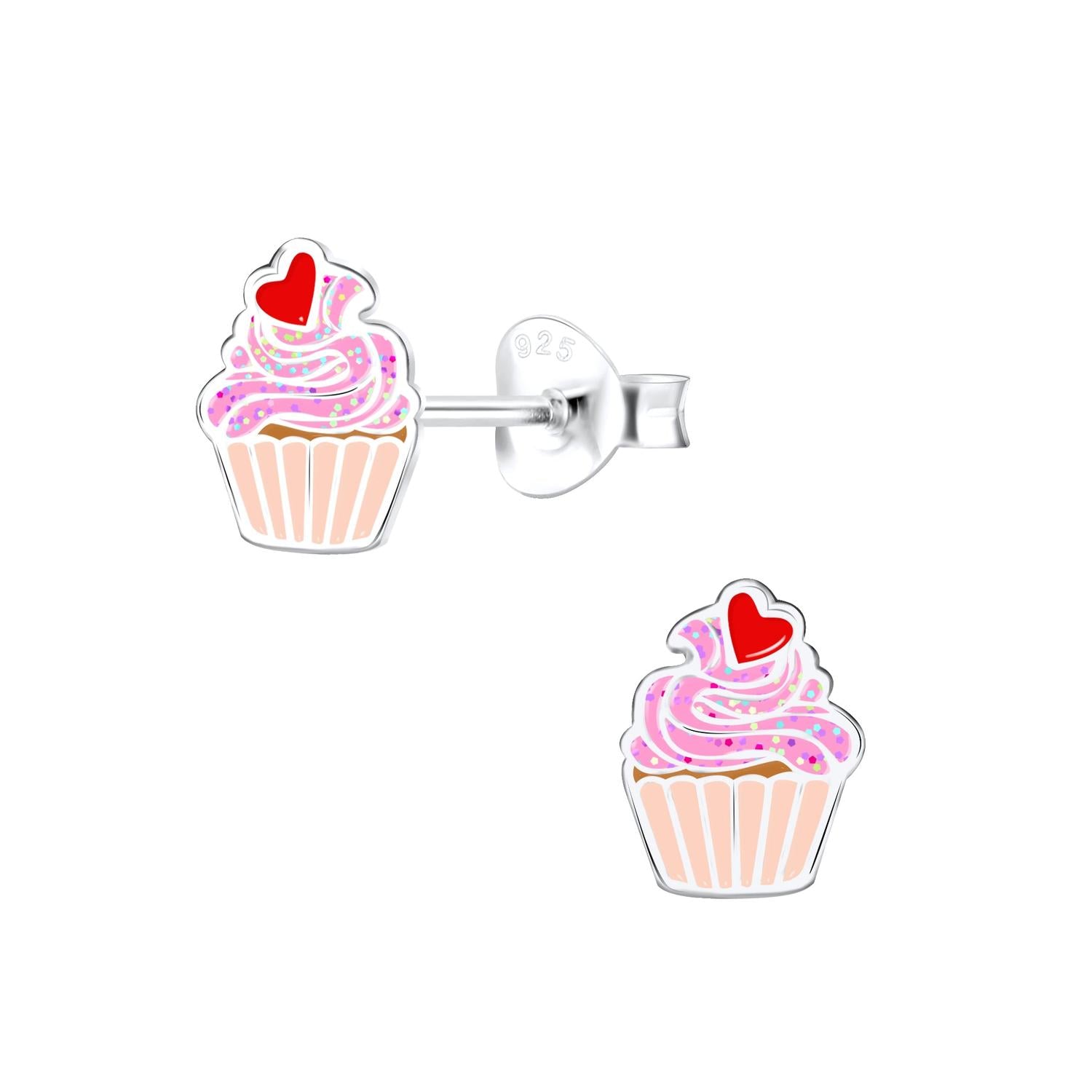 Melchior Jewellery Childrens Sterling Silver Cupcake Stud Earrings featuring pink icing with glitter and a red heart detail