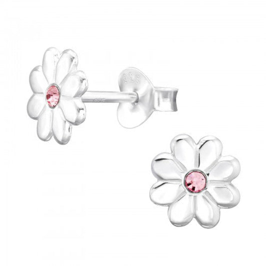 Children's sterling silver daisy earrings with pink centre stones by Melchior Jewellery