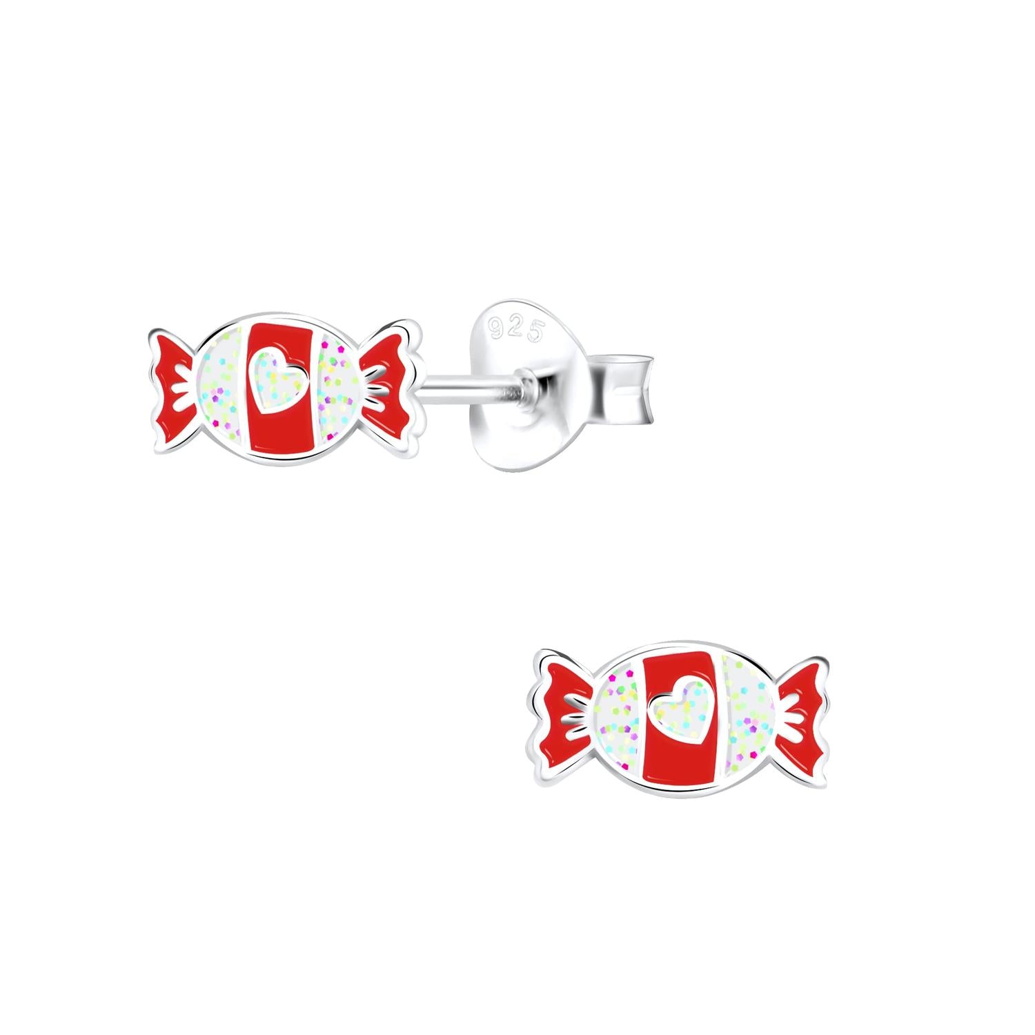 Melchior Jewellery childrens sterling silver earrings shaped like red and white wrapped candies with heart detail