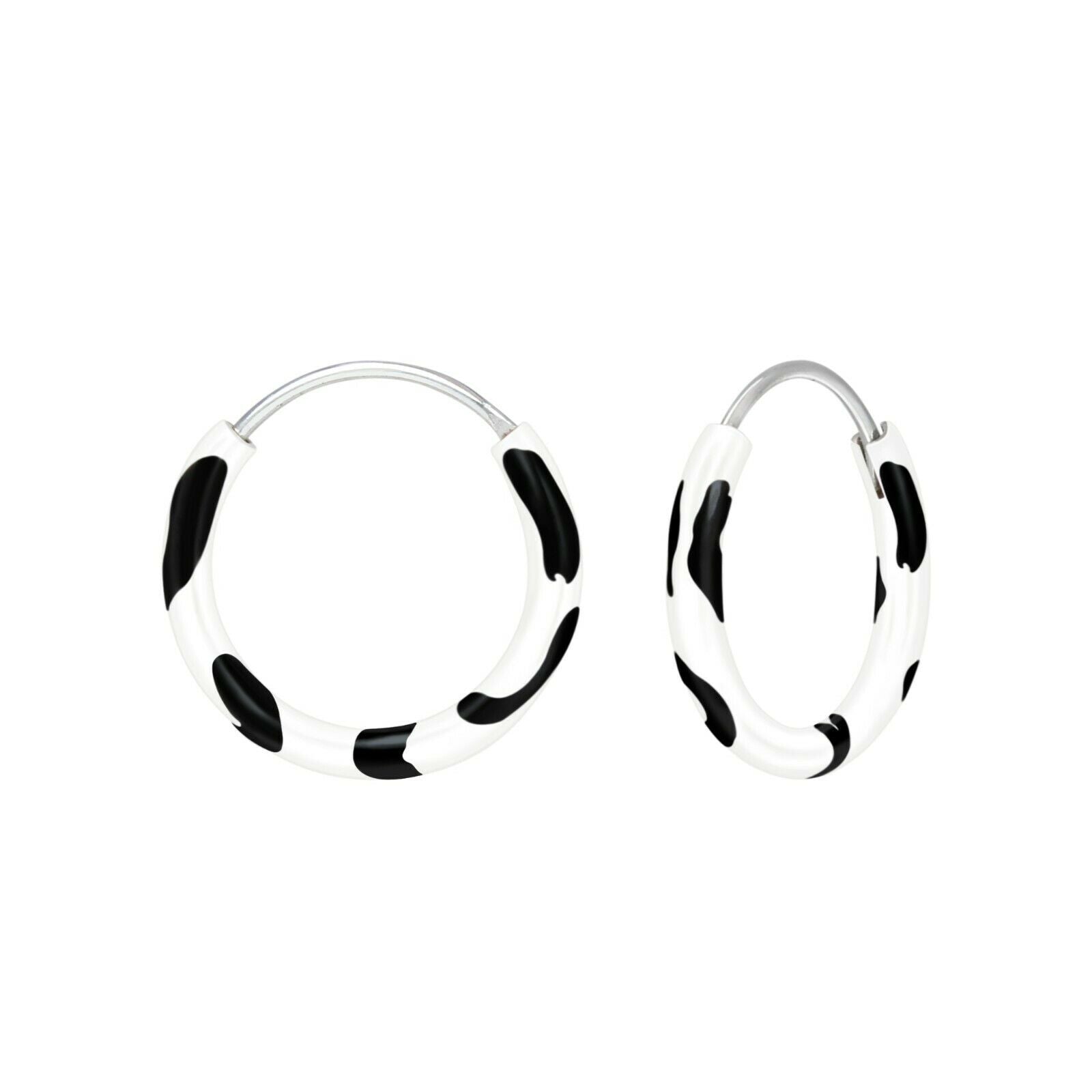 Melchior Jewellery children's sterling silver hoop earrings small black and white cow print enamel hoops