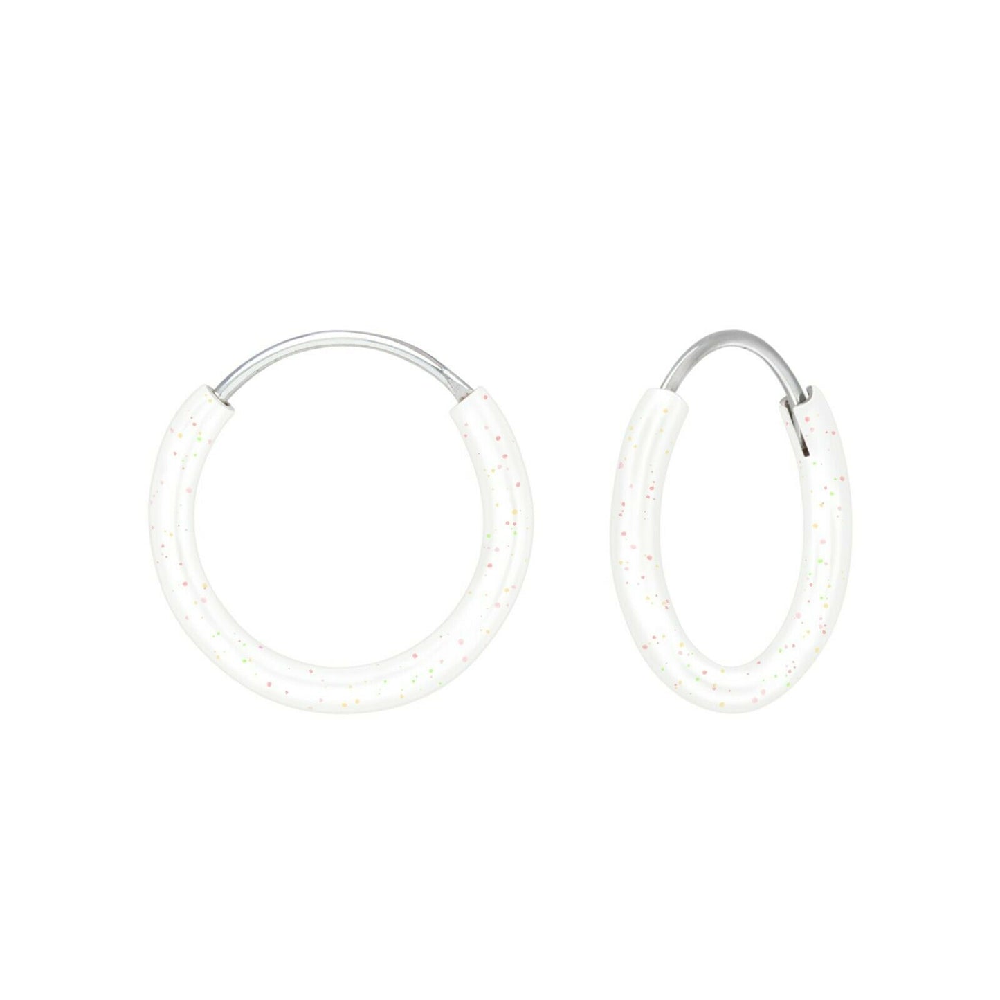 Melchior Jewellery children's sterling silver hoop earrings white glitter enamel hoops with safety clasp