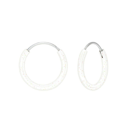 Melchior Jewellery children's sterling silver hoop earrings white glitter enamel hoops with safety clasp
