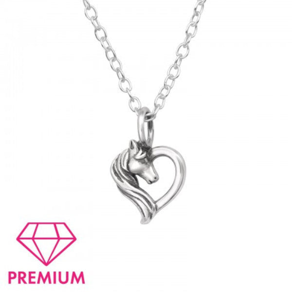 Melchior Jewellery children's sterling silver horse necklace with heart-shaped pendant on chain