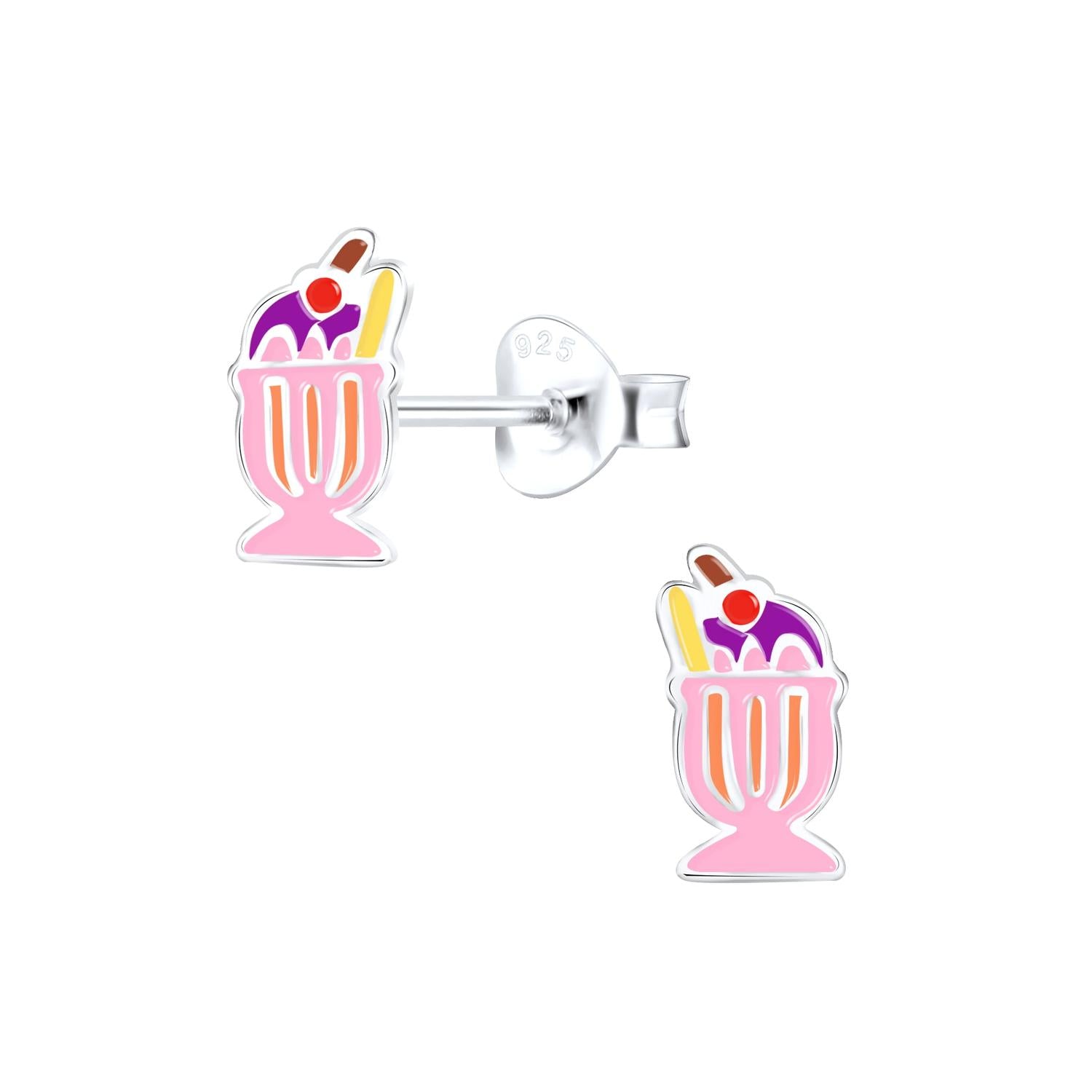 Melchior Jewellery Childrens Sterling Silver Ice Cream Ear Studs with pink sundae design and colourful toppings