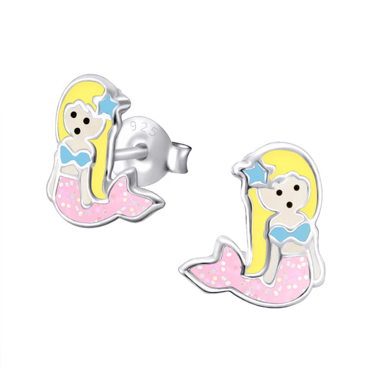 Melchior Jewellery children's sterling silver mermaid earrings pink enamel tail with yellow hair and star detail