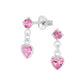 Children's sterling silver pink heart earrings by Melchior Jewellery with dangling pink gemstones