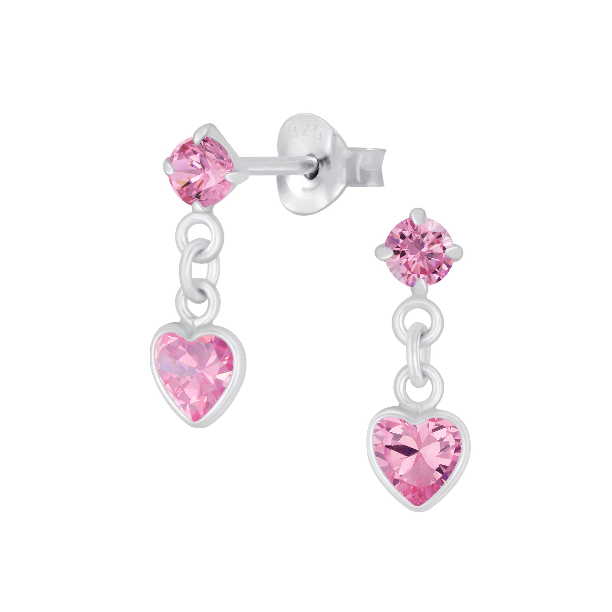 Children's sterling silver pink heart earrings by Melchior Jewellery with dangling pink gemstones