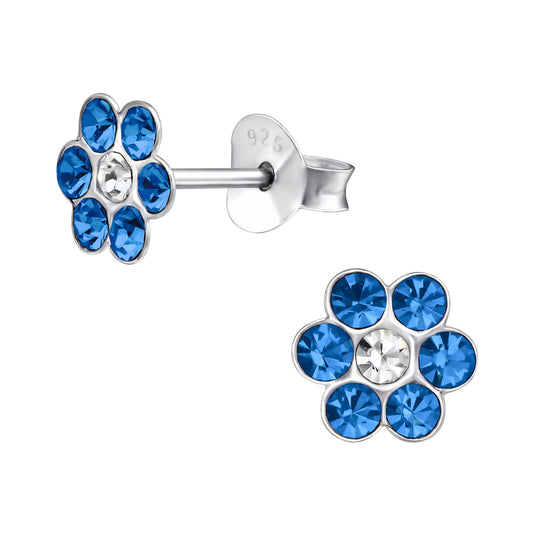 Melchior Jewellery children's sterling silver sapphire earrings floral blue crystal studs with clear centre 925 stamp