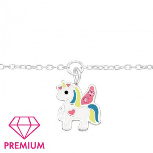 Children's sterling silver unicorn bracelet by Melchior Jewellery with colourful enamel and pink crystals