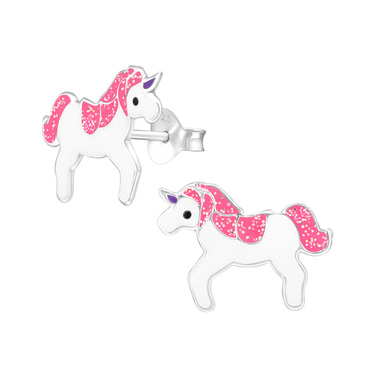 Melchior Jewellery children's sterling silver unicorn earrings white enamel studs with pink glitter mane