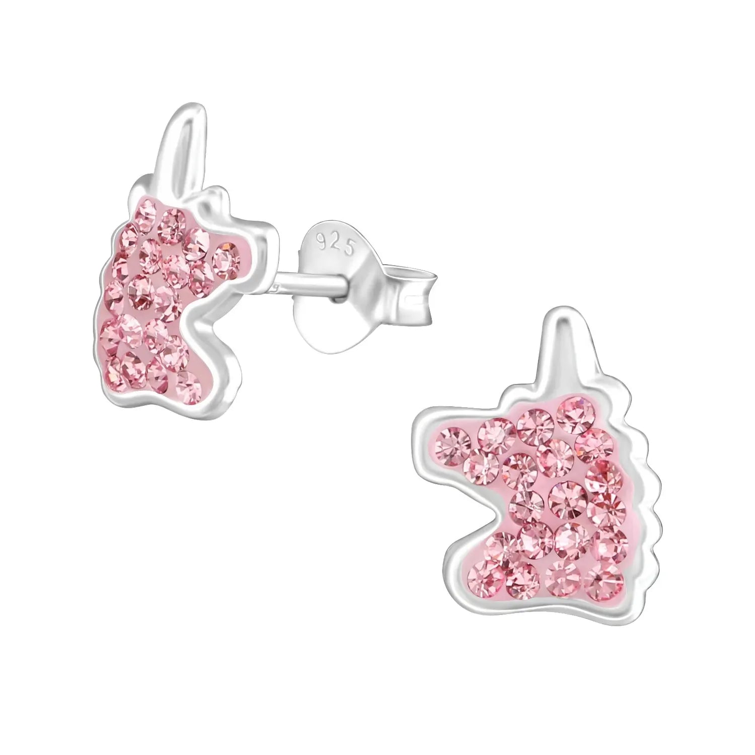Melchior Jewellery childrens unicorn stud earrings in silver with pink crystal detailing