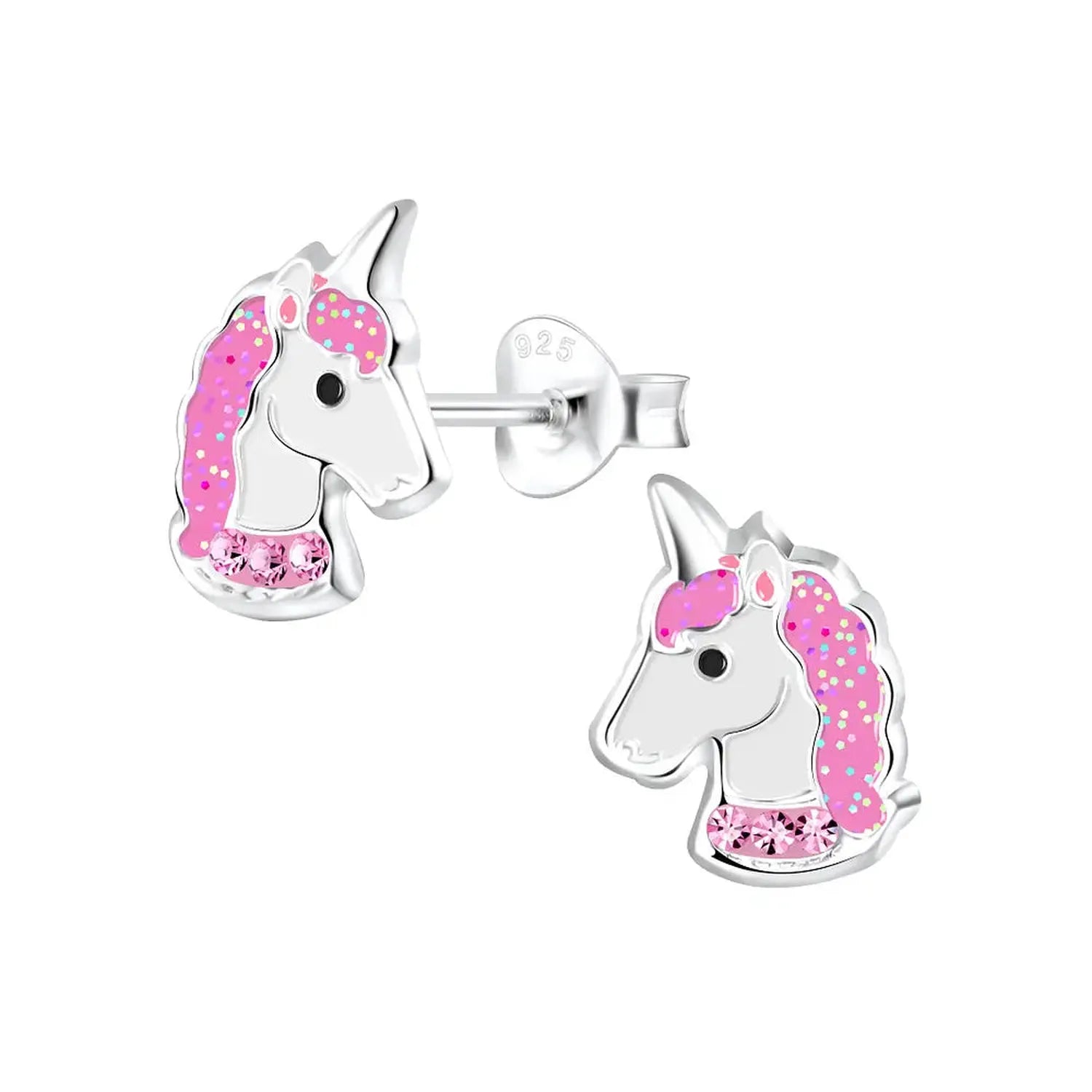 Melchior Jewellery childrens unicorn stud earrings in silver with pink glitter mane and pink crystal detail