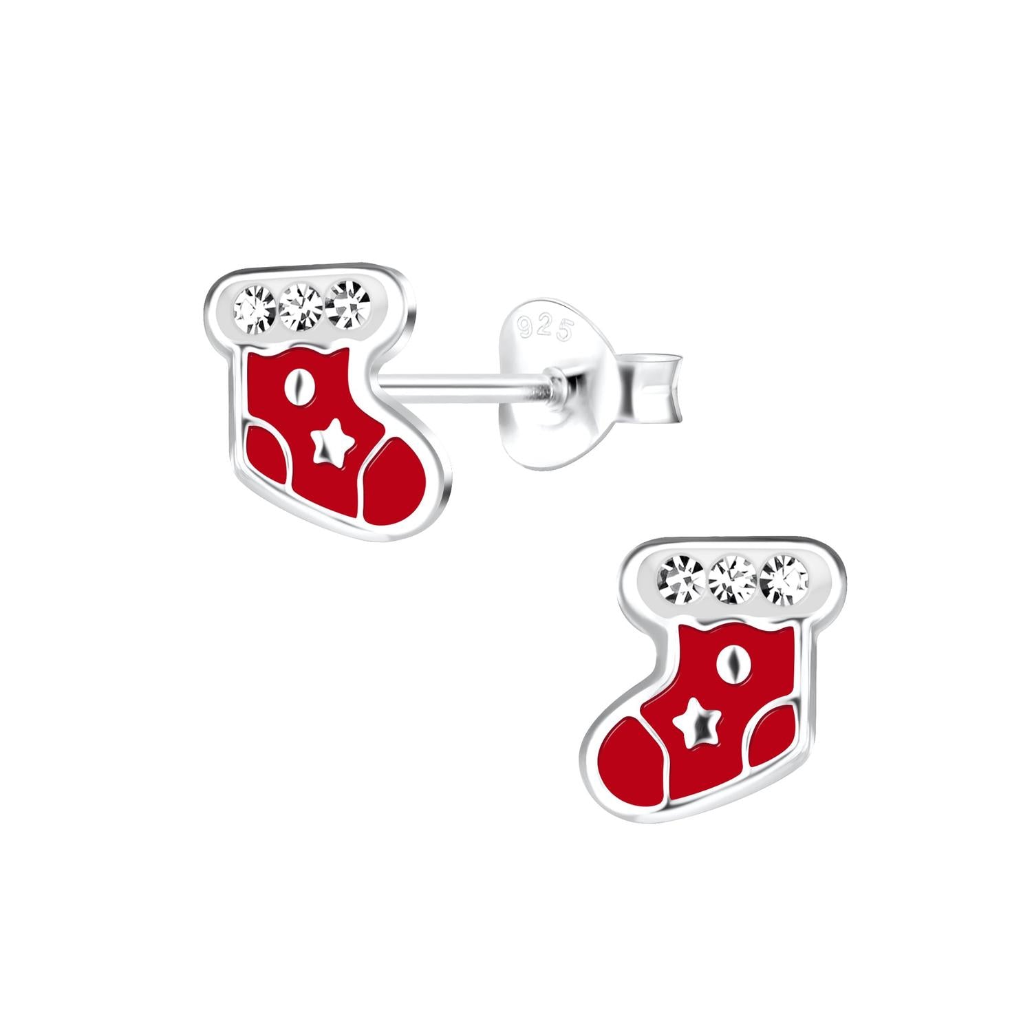 Melchior Jewellery childrens Christmas Stocking Earrings in red and silver with crystal embellishments