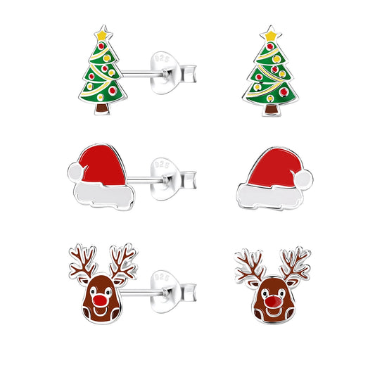 Christmas tree and reindeer earrings for children by Melchior Jewellery in festive red and green enamel